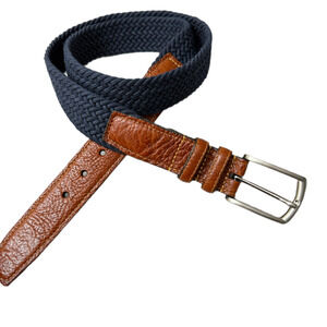 Torino Leather Co. Mens Italian Woven Rayon Elastic Navy Size 36 Pebbled Leather